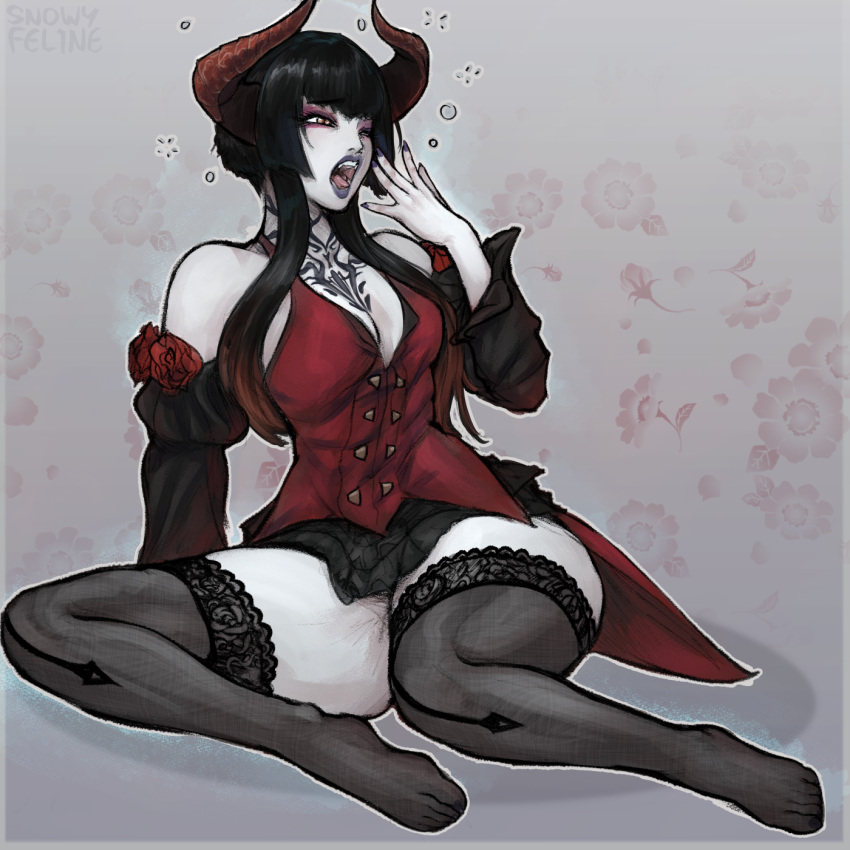 1girls black_hair eliza_(tekken) female female_only hi_res horns long_hair sitting snowyfeline solo solo_female stockings tekken tekken_7 thick_thighs vampire yawning