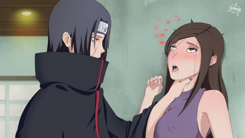 1boy 1girls against_wall akatsuki_(naruto) asphyxiation big_breasts black_eyes black_hair blush breasts brown_hair cleavage cloak drooling erect_nipples female female_masochism forehead_protector headband high_collar long_hair male masochism masochist mole mole_under_eye naruto naruto_(series) naruto_shippuden nipples oral red_eyes sharingan shirt sleeveless sleeveless_shirt uchiha_itachi uchiha_izumi upper_body visible_nipples windmill_(artist)