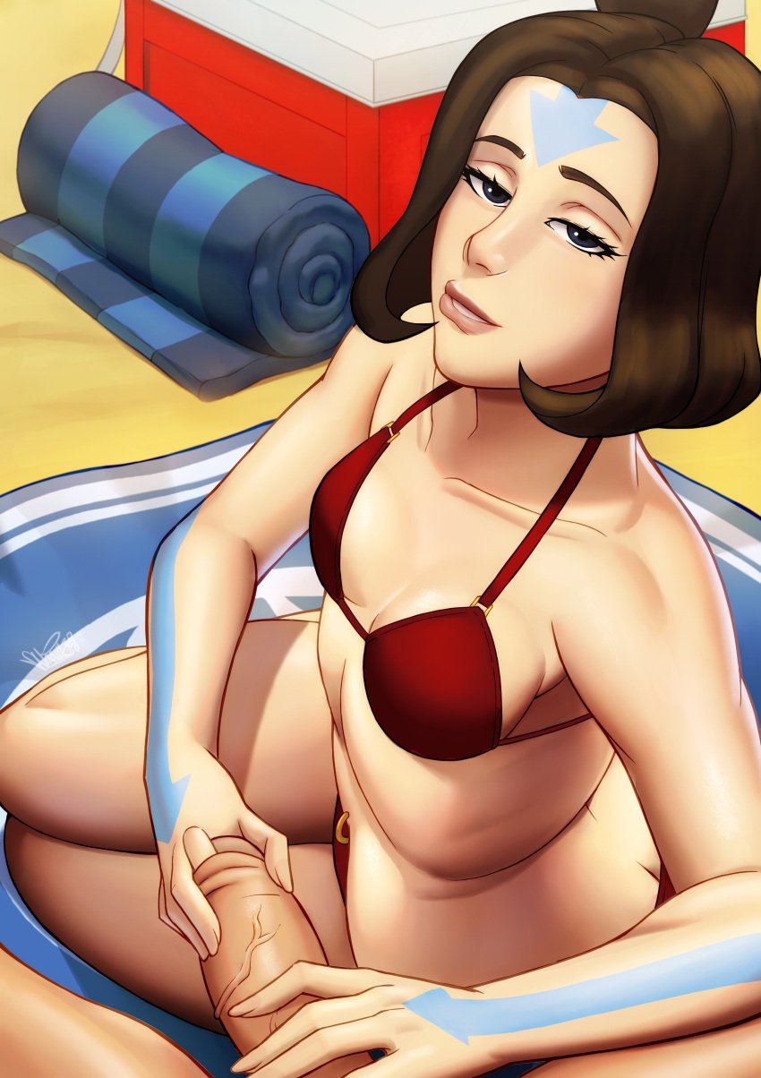 1boy 1girls 2022 air_nomad airbender_tattoo avatar_the_last_airbender beach bikini body_markings breasts brown_hair butt_crack dark_eyes finger_in_foreskin foreskin foreskin_play gray_eyes handjob jinora light-skinned_female light_skin looking_at_viewer male_pov naavs navel_piercing nickelodeon penis pov realistic_breast_size red_bikini seductive seductive_look seductive_smile short_hair small_breasts smile smiling_at_viewer smooth_skin straight swimsuit tattoo teenager the_legend_of_korra thick_thighs unseen_male_face veiny_penis