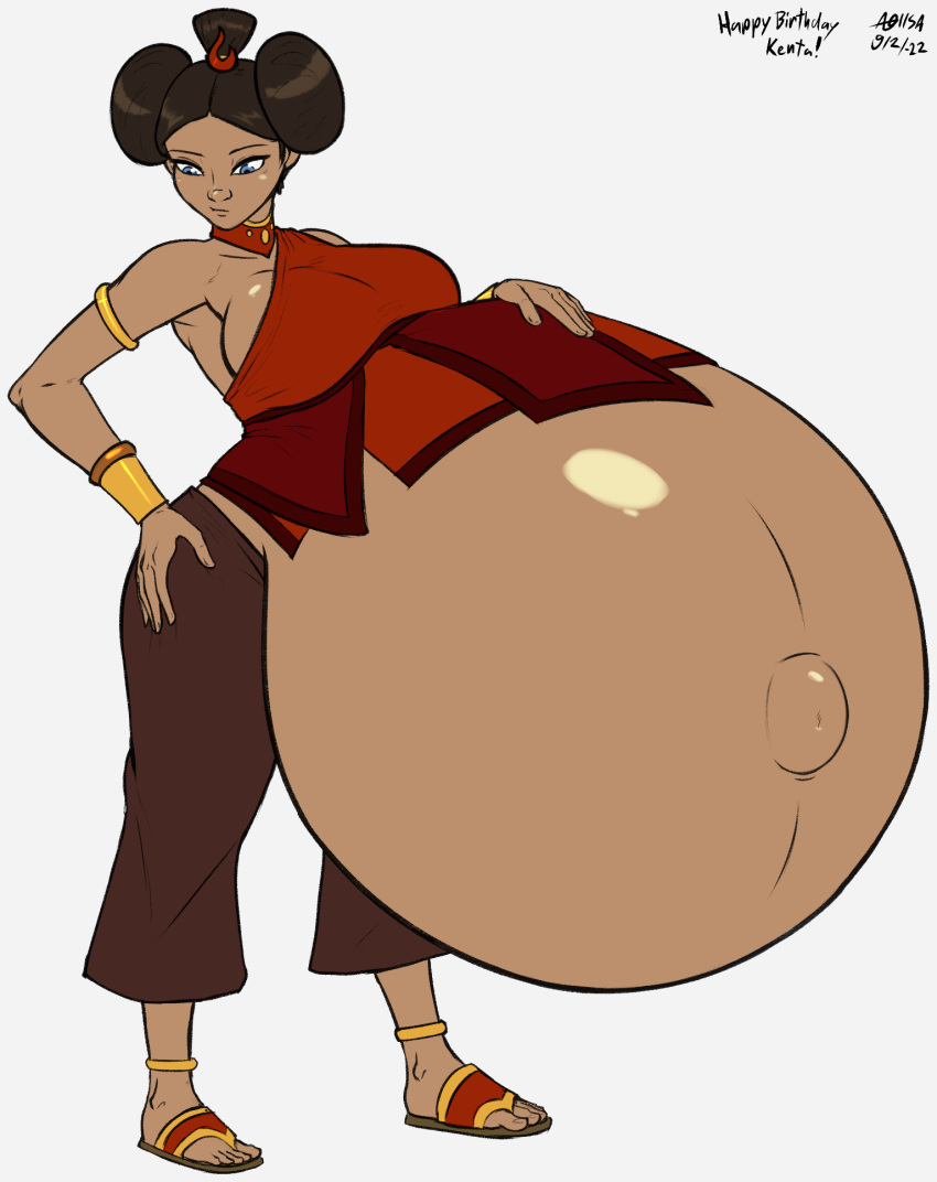 1girls a0iisa avatar_legends avatar_the_last_airbender belly belly_button big_belly big_breasts breasts brown_hair canon_pregnancy clothing dark-skinned_female dark_skin female female_only fire_nation hand_on_belly huge_belly hyper_pregnancy katara large_breasts navel outie outie_navel pregnant sandals sapphire_fire sideboob solo_female water_tribe