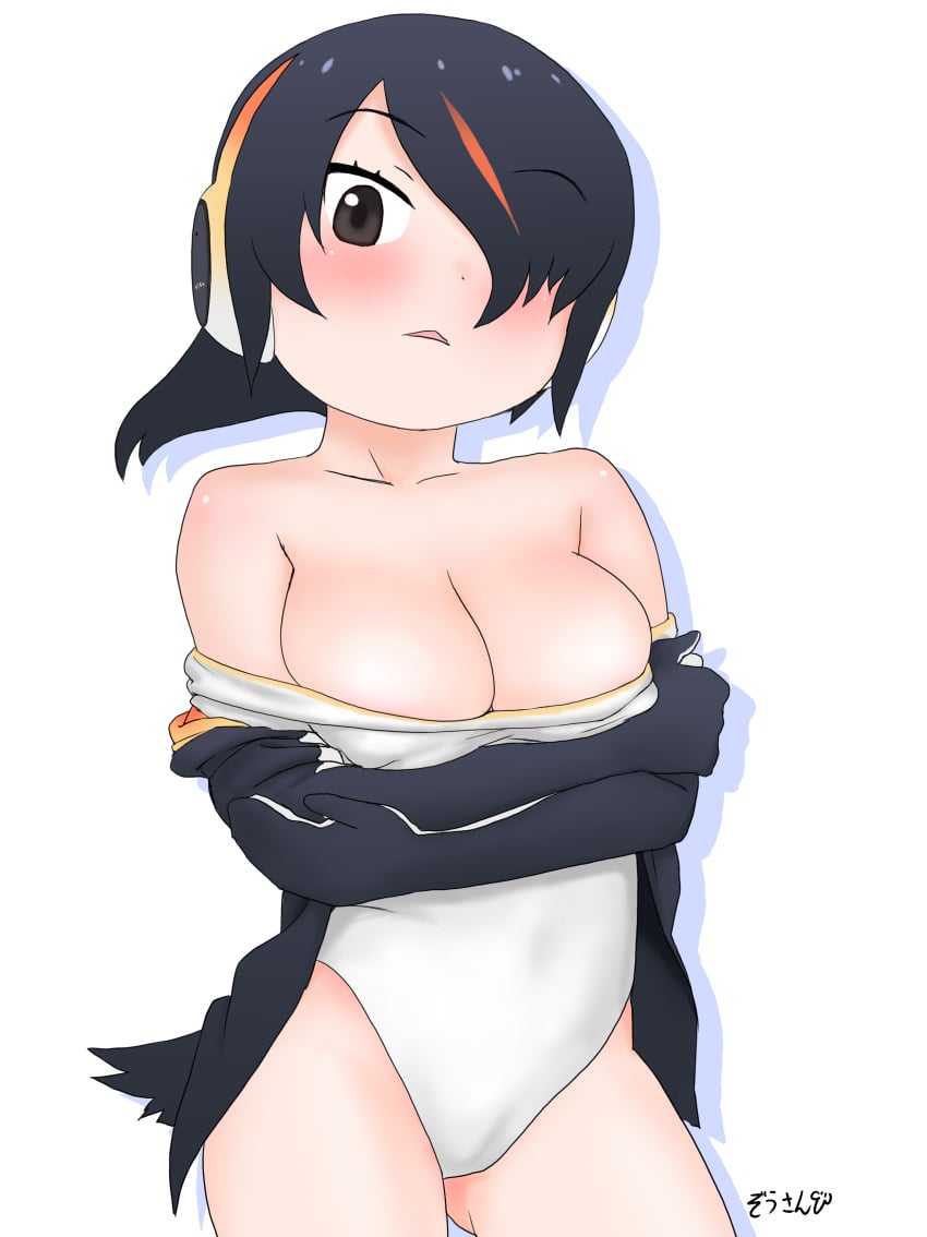 bare_shoulders black_hair black_jacket brown_eyes clothing covered_navel cowboy_shot emperor_penguin_(kemono_friends) female female_only female_solo headphones high_resolution highleg highleg_leotard hood hood_down hooded_jacket jacket kemono_friends legwear leotard looking_at_viewer masuyama_ryou mittens multicolored_hair navel no_bra one_eye_covered open_clothes open_jacket open_mouth peek-a-boo_bang simple_background solo standing streaked_hair thighhighs thighs two-tone_hair undressing very_high_resolution white_background white_legwear white_leotard