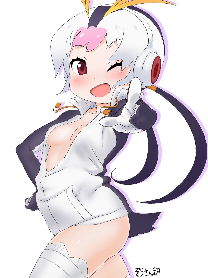 areola_slip areolae blush breast_slip breasts clothing cowboy_shot female female_only female_solo friends happy headphones high_resolution jacket kemono_friends legwear looking_at_viewer masuyama_ryou midriff midriff_peek mittens multicolored_hair no_bra one_eye_closed open_clothes open_jacket open_mouth penguin_tail pointing pointing_at_viewer red_eyes royal_penguin_(kemono_friends) simple_background solo thighhighs tied_hair twintails wardrobe_malfunction white_background white_legwear wink