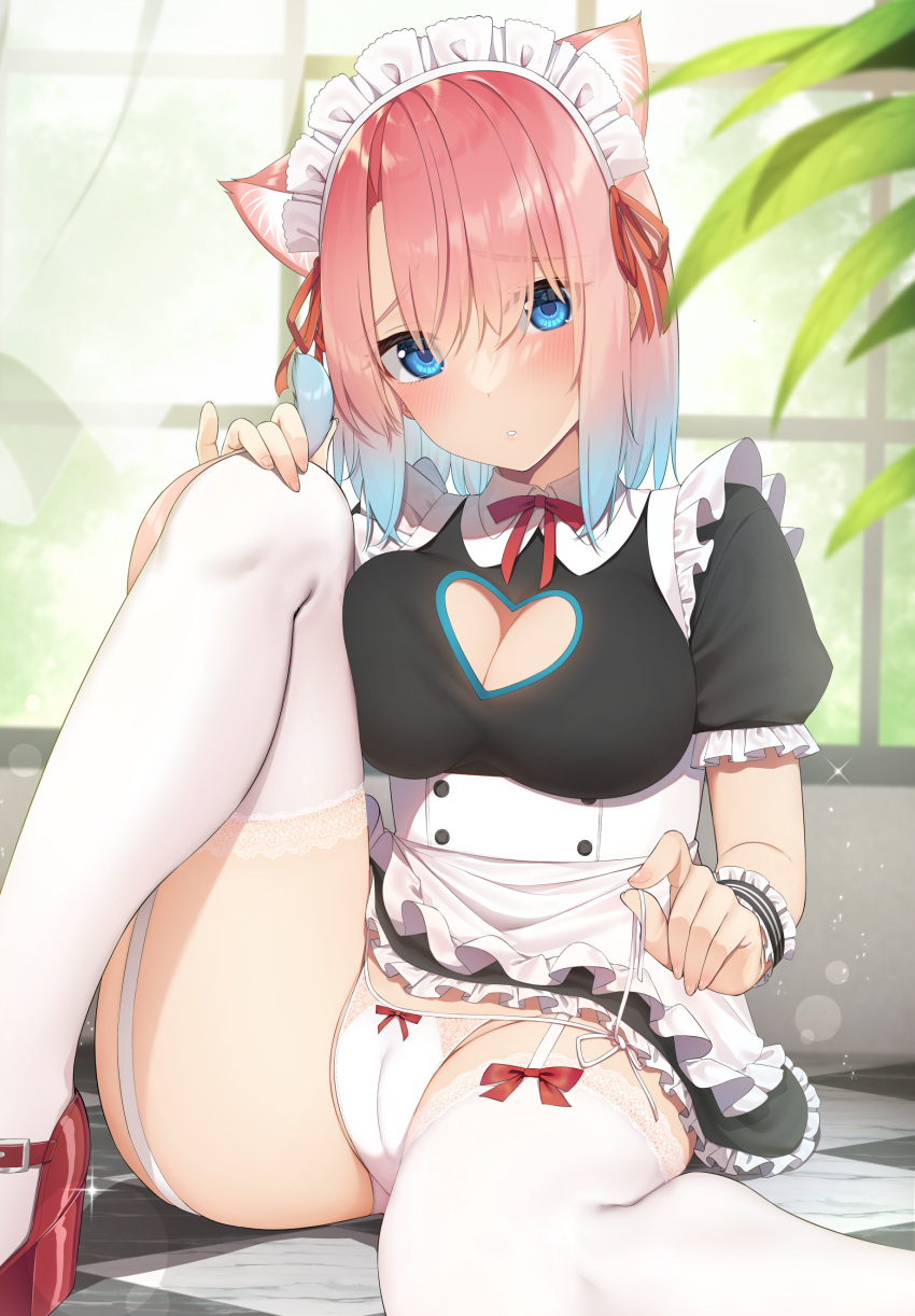 absurdres alternate_costume animal_ears apron blue_eyes blue_hair blush bow bow_panties breast_press breasts cameltoe cat_ears cleavage cleavage_cutout clothing_cutout enmaided female female frills garter_straps go-1 gradient_hair hair_between_eyes heart high_heels highres knee_up lace lace-trimmed_legwear lace_trim looking_at_viewer maid maid_headdress medium_breasts medium_hair multicolored_hair neck_ribbon original panties pink_hair red_footwear red_ribbon ribbon short_sleeves sitting string_panties thighhighs two-tone_hair underwear untying waist_apron white_legwear white_panties wristband zettai_ryouiki