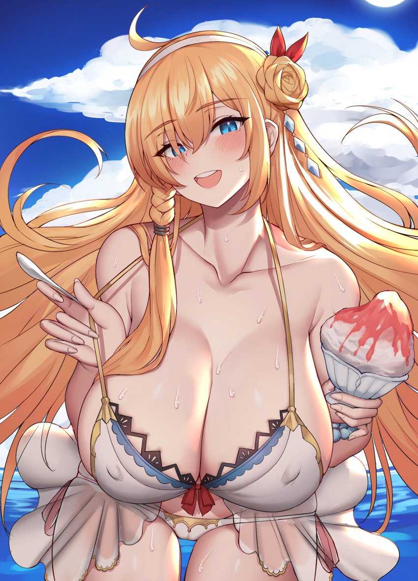 :d absurdres ahoge alternate_costume bangs bikini blue_eyes blue_sky blush braid breasts cloud covered_nipples eyebrows_visible_through_hair female food hair_between_eyes hair_bun hanging_breasts highres holding holding_spoon huge_breasts ice_cream k_jin leaning_forward long_hair looking_at_viewer ocean open_mouth orange_hair outdoors pecorine princess_connect! red_ribbon ribbon side_braid single_hair_bun sky smile solo spoon sweat swimsuit thighs very_long_hair water wet white_bikini