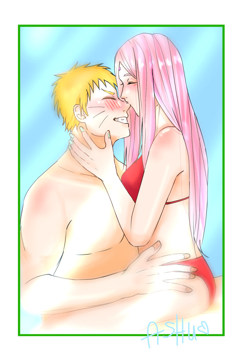 1boy 1girls achiepy alternate_hair_length alternate_hairstyle bikini bikini_bottom bikini_top blush boruto:_naruto_next_generations closed_eyes couple duo female grin hair_down happy human kissing kissing_nose loose_hair male male/female naruto naruto_(series) pink_hair romantic romantic_couple sakura_haruno short_hair sideboob sitting sitting_on_lap sitting_on_person smile straddling sunlight swimsuit uzumaki_naruto very_long_hair white_border yellow_hair