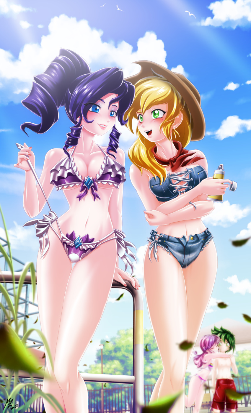 applejack_(mlp) bikini blonde_hair blue_eyes cowboy_hat equestria_girls freckles friendship_is_magic green_eyes humanized large_breasts mauroz my_little_pony purple_hair rarity_(mlp) smooth_skin