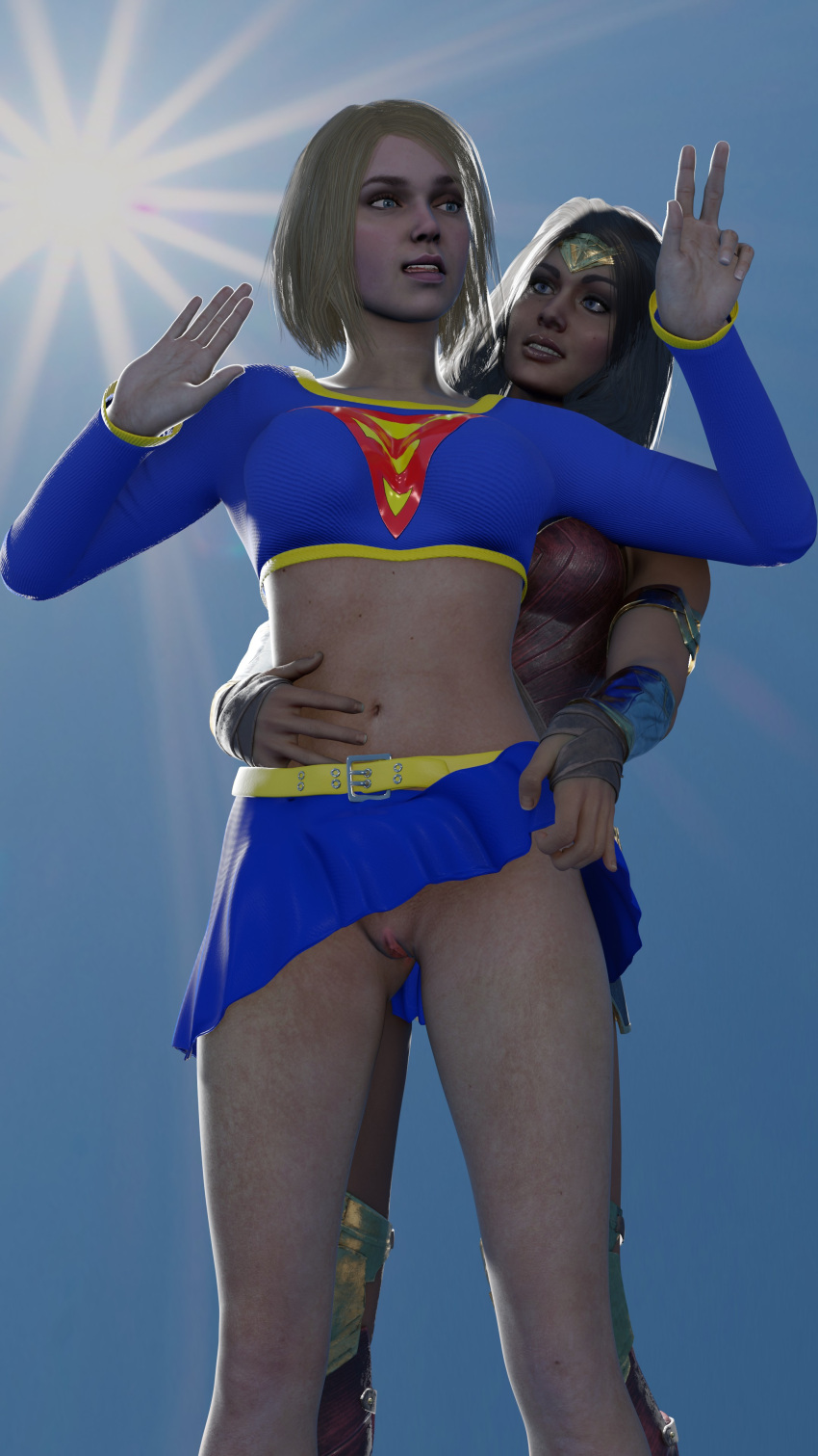 2girls 3d 3d_(artwork) amazon big_breasts black_hair blonde_hair blue_eyes dark_skin dc dc_comics diana_prince female female_only flying flying_sex injustice_2 kara_danvers kara_zor-el kryptonian lifting_skirt light-skinned_female light_skin mehlabs no_panties older_woman_and_teenage_girl older_woman_and_younger_girl pussy supergirl supergirl_(injustice) superman_(series) wonder_woman wonder_woman_(injustice) wonder_woman_(series) yuri