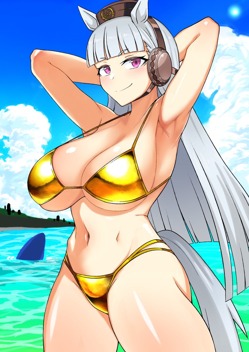 absurdres animal_ears armpits arms_behind_head arms_up ass bangs bare_shoulders bikini blunt_bangs blush breasts brown_headwear cleavage cloud cloudy_sky commentary_request cowboy_shot eyebrows_visible_through_hair female gold_ship_(umamusume) golden_bikini halterneck harness hat highleg highleg_bikini highres hime_cut horse_ears horse_girl horse_tail huge_breasts long_hair looking_at_viewer navel outdoors pink_eyes shark_fin shiny shiny_skin shiny_swimsuit sideboob sky smile solo strap_gap string_bikini swimsuit tail thighs umamusume underboob v-shaped_eyebrows very_long_hair water white_hair zasshu_nigou