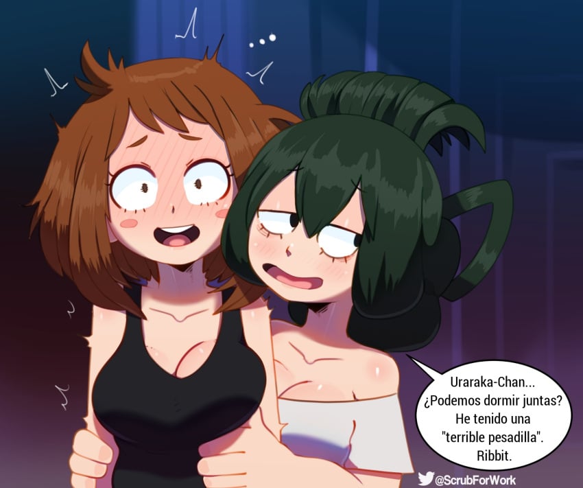 2girls artist_name bare_shoulders big_breasts black_clothing black_eyes black_tank_top blush blush_stickers bottom_lashes breasts brown_hair busty clavicle cleavage collarbone couple dark_green_hair duo edit exposed_shoulders eyebrows_visible_through_hair eyelashes female female_only full-face_blush green_hair hair_between_eyes holding_another holding_another's_arm imminent_sex large_breasts light-skinned_female light_skin long_hair looking_to_the_side medium_hair multiple_girls my_hero_academia note_translated notes_translation ochako_uraraka open_mouth shirt shocked shocked_expression sleeveless sleeveless_shirt smile somescrub spanish_text speech_bubble tank_top teenager text tied_hair tongue tongue_wrap tsuyu_asui upper_body white_clothing wholesome yuri