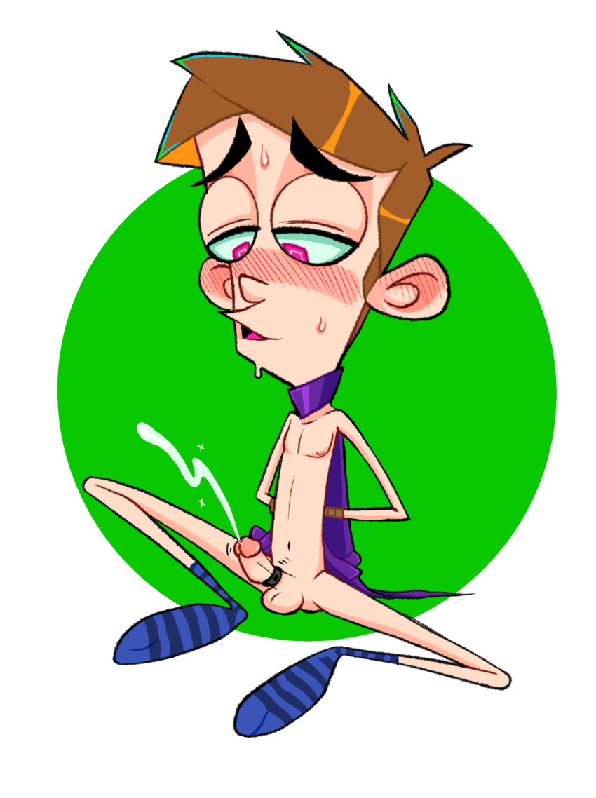 aged_up arms_behind_back blush cape cumming_untouched cumshot ejaculation fanboy_(character) fanboy_and_chum_chum male_only mask_removed nickelodeon nicktoons nude_male ropes skinny solo_male striped_socks stylized toony vibrator_on_penis