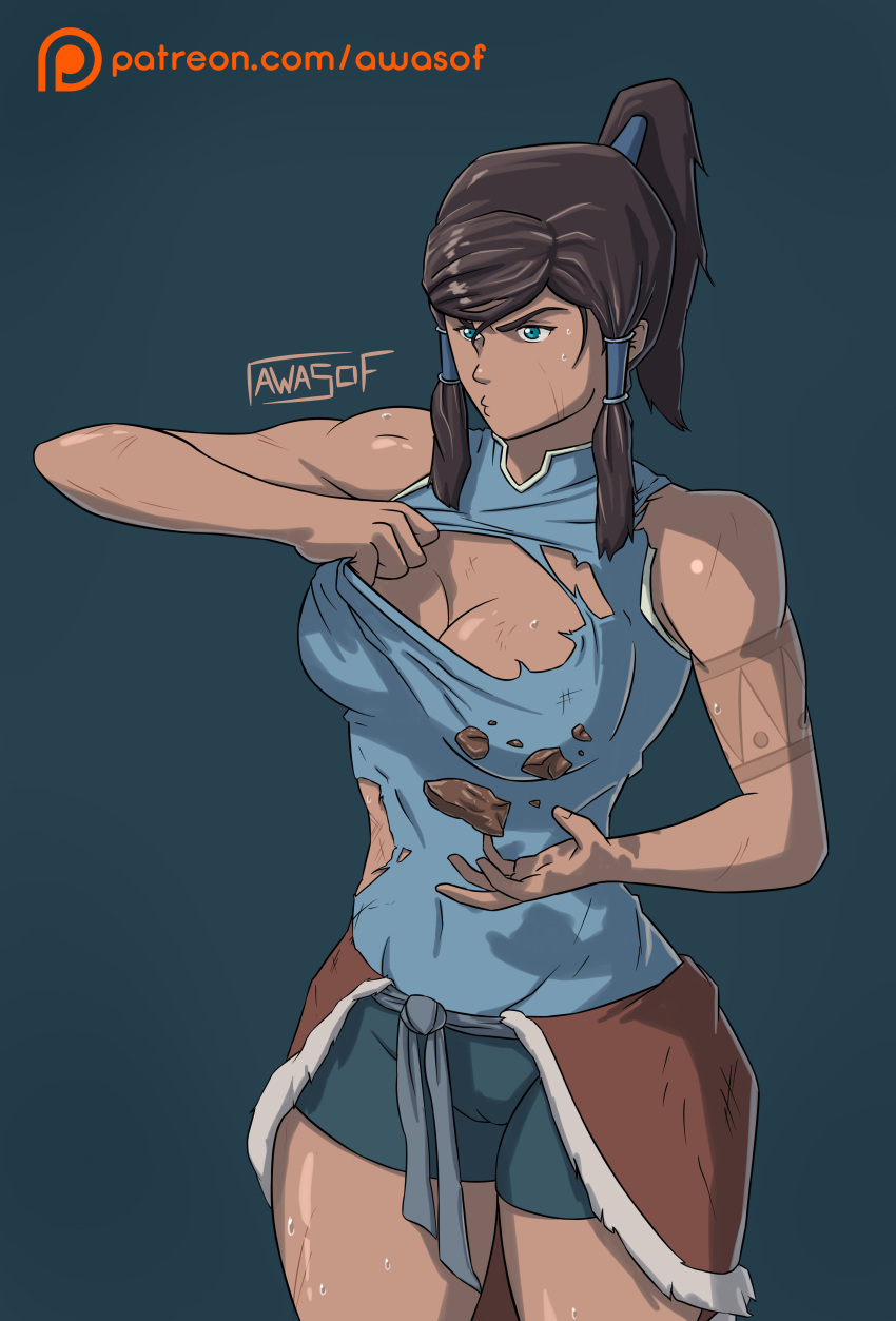 1girls art_with_a_side_of_fries avatar_legends awasof blue_eyes breasts cleavage clothing dark-skinned_female dark_skin earthbending female female_focus female_only inuit korra large_breasts medium_breasts nickelodeon ponytail rock shorts simple_background solo solo_female solo_focus straight_hair sweat sweatdrop sweating tattoo the_avatar the_legend_of_korra torn_clothes water_tribe