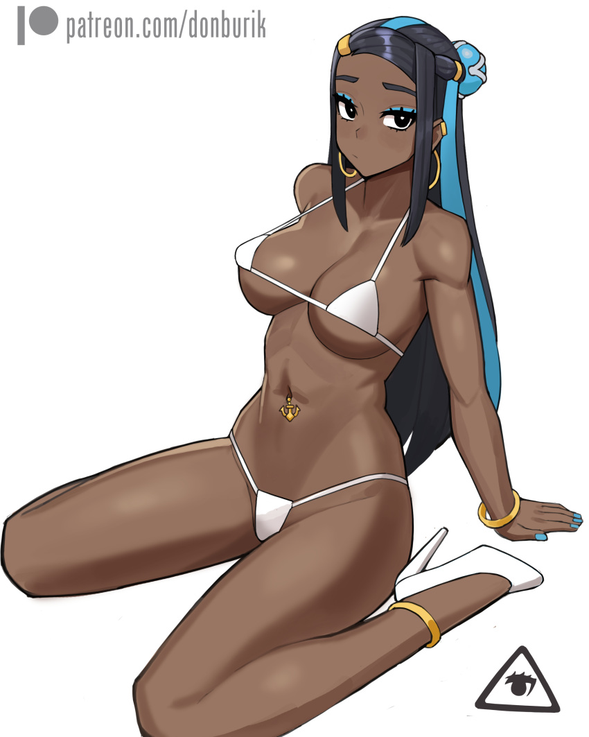 1girls 2022 alternate_breast_size artist_logo artist_signature belly_button_piercing bikini black_hair blue_eyes blue_highlights breasts brown_skin dark-skinned_female dark_skin donburikazoku female female_only gym_leader hair_ornament heels hi_res highlights hips hoop_earrings large_breasts long_hair nessa_(pokemon) nintendo pokemon pokemon_ss simple_background slim_waist thick_thighs thighs white_bikini wide_hips