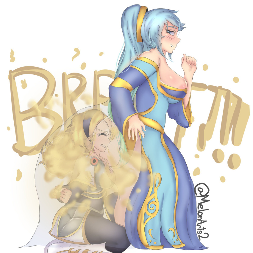 dutch_oven face_in_ass facesitting fart fart_fetish hiding_in_dress league_of_legends luxanna_crownguard melonarts2_(artist) riot_games sona_buvelle under_dress