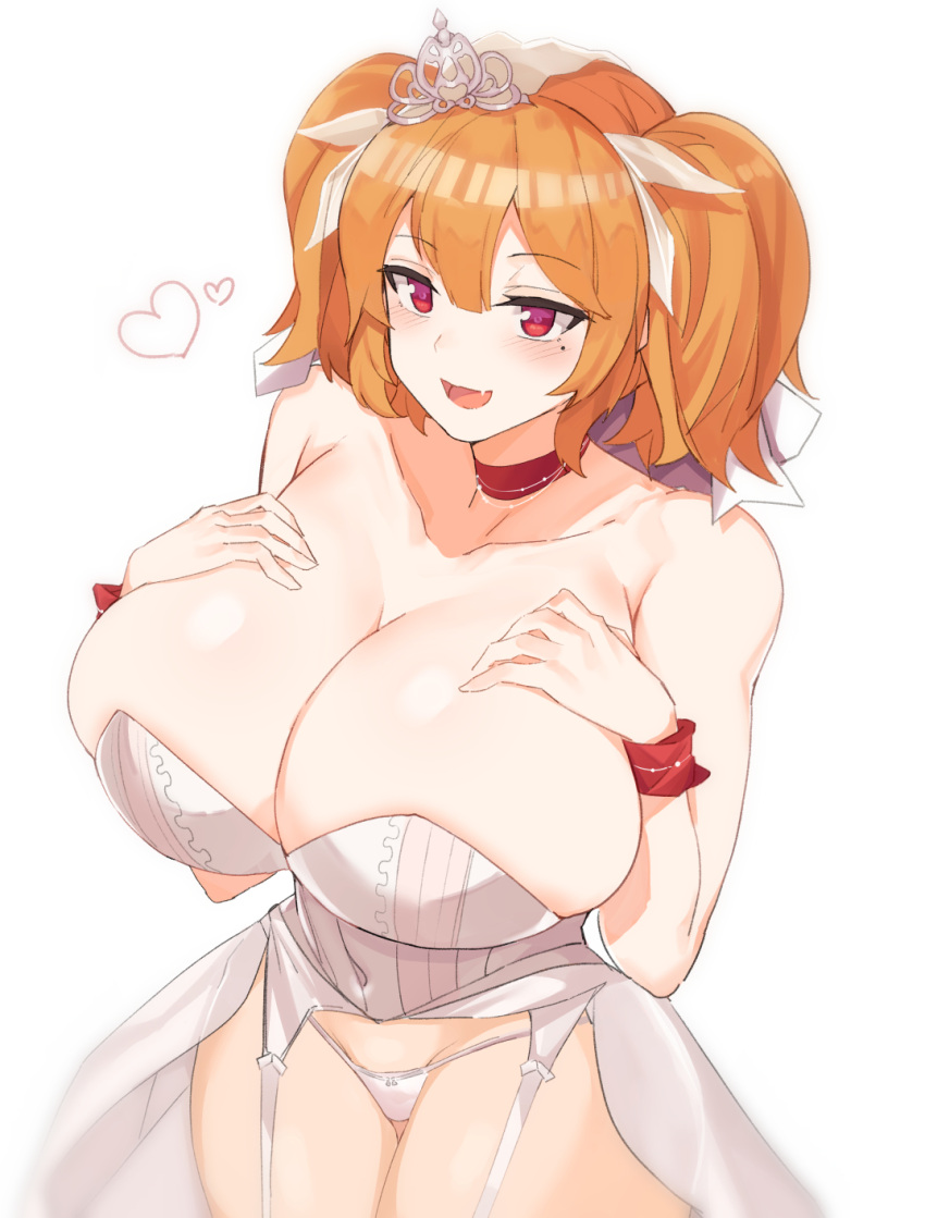 :3 bangs blush breasts bridal_veil cerberus_(last_origin) choker cleavage commentary_request dress eyebrows_visible_through_hair female female garter_straps hair_between_eyes heart highres huge_breasts jageungansik korean_commentary last_origin looking_at_viewer looking_up mole mole_under_eye oerba_yun_fang open_mouth orange_hair panties skin_fang smile solo tiara twintails two_side_up underwear veil wedding_dress