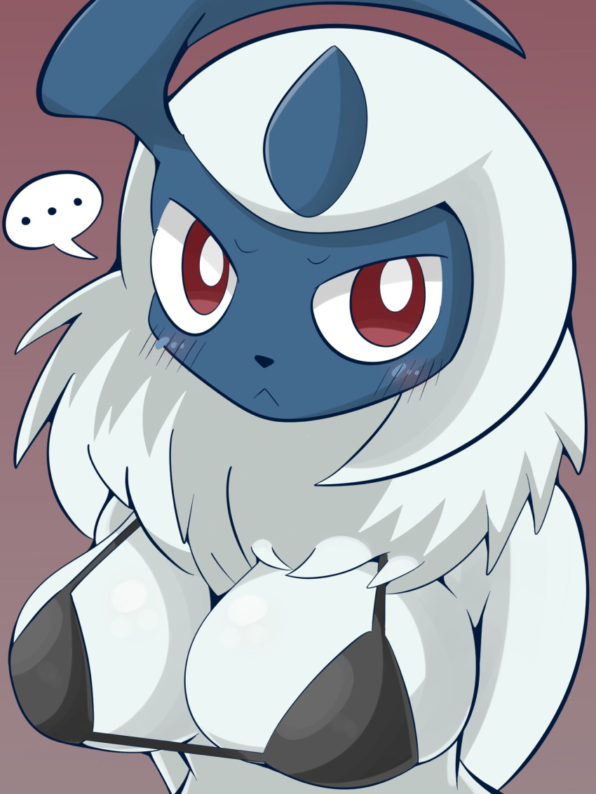 absol anthro black_nose blush bra breasts female hair hi_res horn looking_at_viewer mammal nintendo pokémon_(species) pokemon pokemon_(species) red_eyes sateco solo video_games white_hair