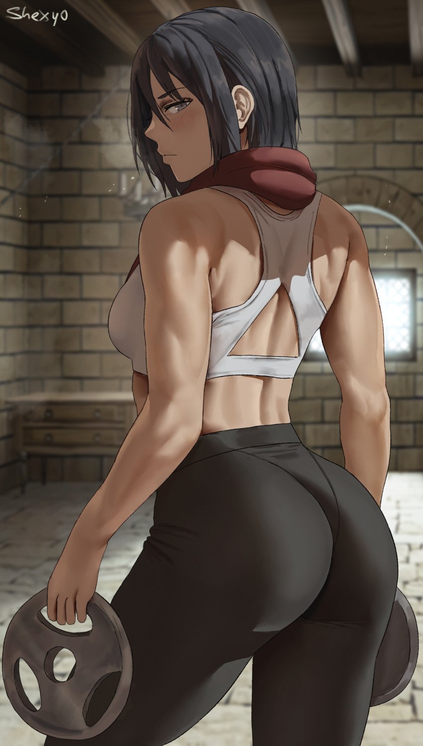 1girls 2022 artist_signature ass attack_on_titan back back_view black_hair breasts exercise female female_only fully_clothed hi_res hips huge_ass large_ass lifting_weights medium_breasts mikasa_ackerman scarf shexyo shingeki_no_kyojin short_hair simple_background slim_waist solo sports_bra sportswear thick_thighs thighs weightlifting weights wide_hips working_out workout workout_clothes yoga_pants