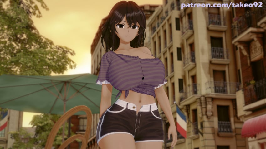 1girls 2020s 2022 3d 3d_(artwork) arabian big_ass big_breasts black_hair brown_eyes city city_background clothed clothing curvaceous curvy dark_hair denim_shorts female female_focus female_only france huge_ass huge_breasts koikatsu large_ass large_breasts leila_(takeo92) light-skinned_female light_skin looking_at_viewer middle_eastern original original_character paris patreon pinup revealing_clothes shorts skimpy skimpy_clothes solo solo_female standing sunset takeo92 text thick thick_thighs tied_shirt tight_clothing tight_fit tomboy topwear two_tone_bottomwear two_tone_bottomwear_(black&white) wide_hips