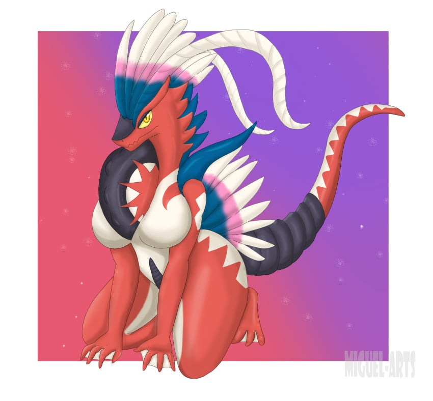 anthro big_breasts big_butt dragon feathers featureless_breasts female female_pokemon koraidon looking_at_viewer miguel-arts nintendo no_nipples pokémon_(species) pokemon pokemon_sv red_body reptile_humanoid scalie tire