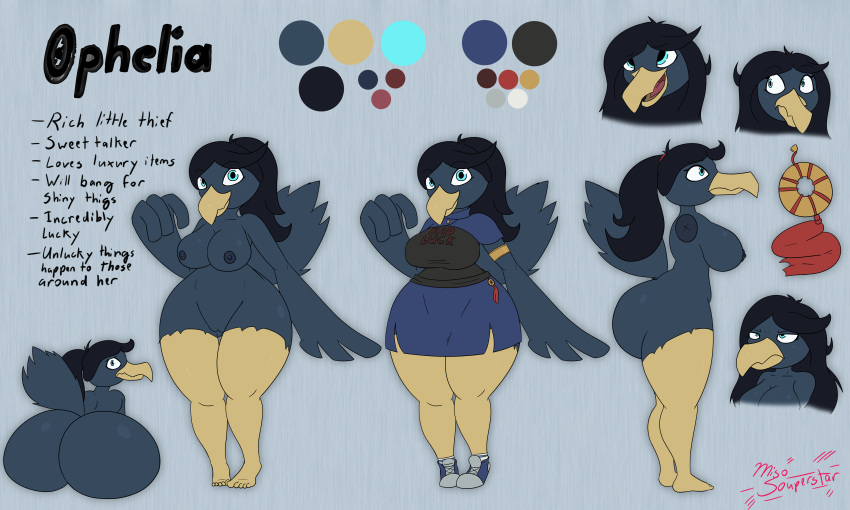 1girls absurd_res anthro ass avian beak big_breasts big_butt bird black_hair blue_body blue_eyes blue_feathers breasts charm clothed clothing cowl curvy_figure dark_body dark_feathers feathers female footwear front_view genitals hair hi_res huge_butt long_hair looking_at_viewer looking_back miso_souperstar model_sheet murkrow nintendo nipples nude off/on open_mouth ophelia_(miso_souperstar) palette pokémon pokémorph ponytail presenting presenting_hindquarters pussy rear_view restricted_palette shoes short_stack shortstack side_view smile sneakers solo talons text thick_thighs thief unamused video_games voluptuous wide_hips yellow_beak