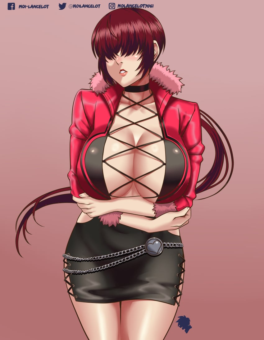 big_breasts brown_hair clothed crossed_arms female hidden_eyes king_of_fighters long_bangs long_hair low_ponytail miniskirt moilancelot shermie_(kof) snk solo solo_female