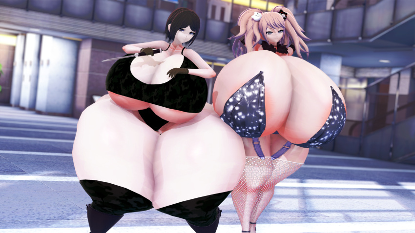 2girls 3d black_hair blonde_hair bottom_heavy breasts camouflage cleavage danganronpa danganronpa:_trigger_happy_havoc danganronpa_1 fat_thighs female female_focus female_only fishnets garter_straps gloves gyaru hourglass_figure huge_breasts huge_butt huge_thighs hyper_breasts hyper_thighs jinvin junko_enoshima knife koikatsu large_breasts looking_at_viewer mukuro_ikusaba revealing_clothes short_hair straight_hair thighhighs thighs twintails underboob wide_hips