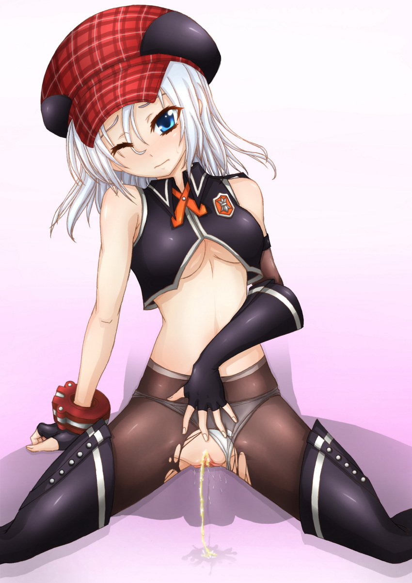 arisa_iriinchina_amieera bare_shoulders blue_eyes blue_hair blush boots breasts elbow_gloves fingerless_gloves gloves god_eater god_eater_burst gride hat highres large_breasts midriff navel panties panties_aside panties_under_pantyhose pantyhose peeing pussy sitting thigh_boots thighhighs torn_clothes torn_pantyhose uncensored underboob underwear wink young