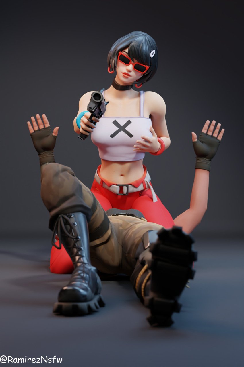 1girls 2girls black_hair brown_eyes epic_games evie_(fortnite) facesitting fortnite fringe glasses gun licking_pussy lipstick multiple_girls oral petite ramirez_(fortnite) ramireznsfw sitting_on_face sunglasses tagme tinted_eyewear yuri