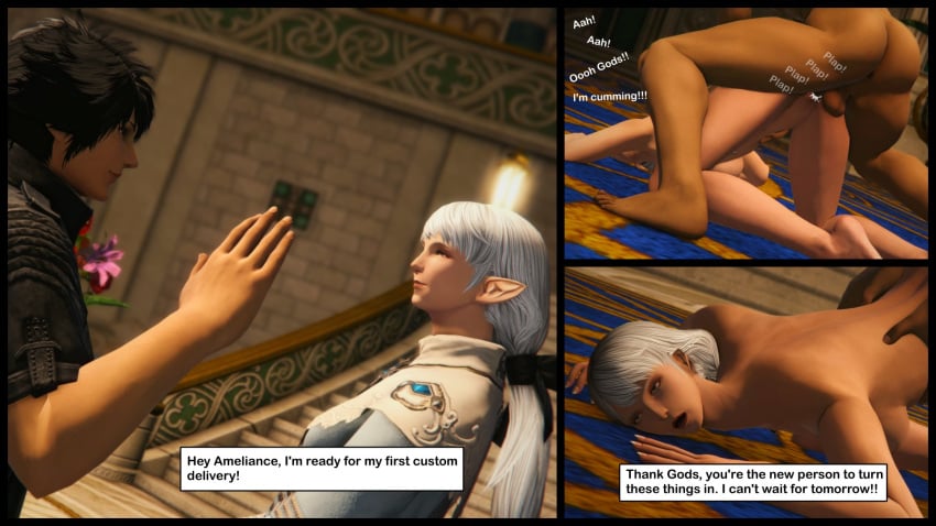 1boy 1girls 3d ameliance_leveilleur avatar_(ff14)) black_hair comic cum cum_in_pussy cum_inside dialogue dialogue_box doggy_style elezen elf elf_ears elf_female final_fantasy final_fantasy_xiv floor gpose(ffxiv) hands_down human hyur interspecies male_human/female_elf milf netorare nude nude_female pale-skinned_female pleasure_face pointy_ears red_eyes smile square_enix straight vaginal_penetration vaginal_sex warrior_of_light white_dress white_hair