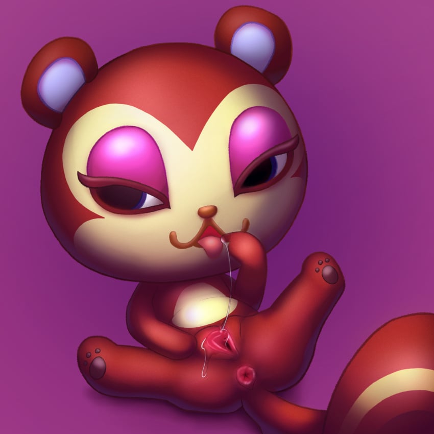 :3 animal_crossing anthro bodily_fluids chibi female genital_fluids genitals hi_res looking_away mammal nintendo pawpads pecan_(animal_crossing) presenting presenting_pussy pussy pussy_juice pussy_juice_string rodent sciurid self_taste simski smug solo spread_legs spread_pussy spreading tongue tongue_out video_games