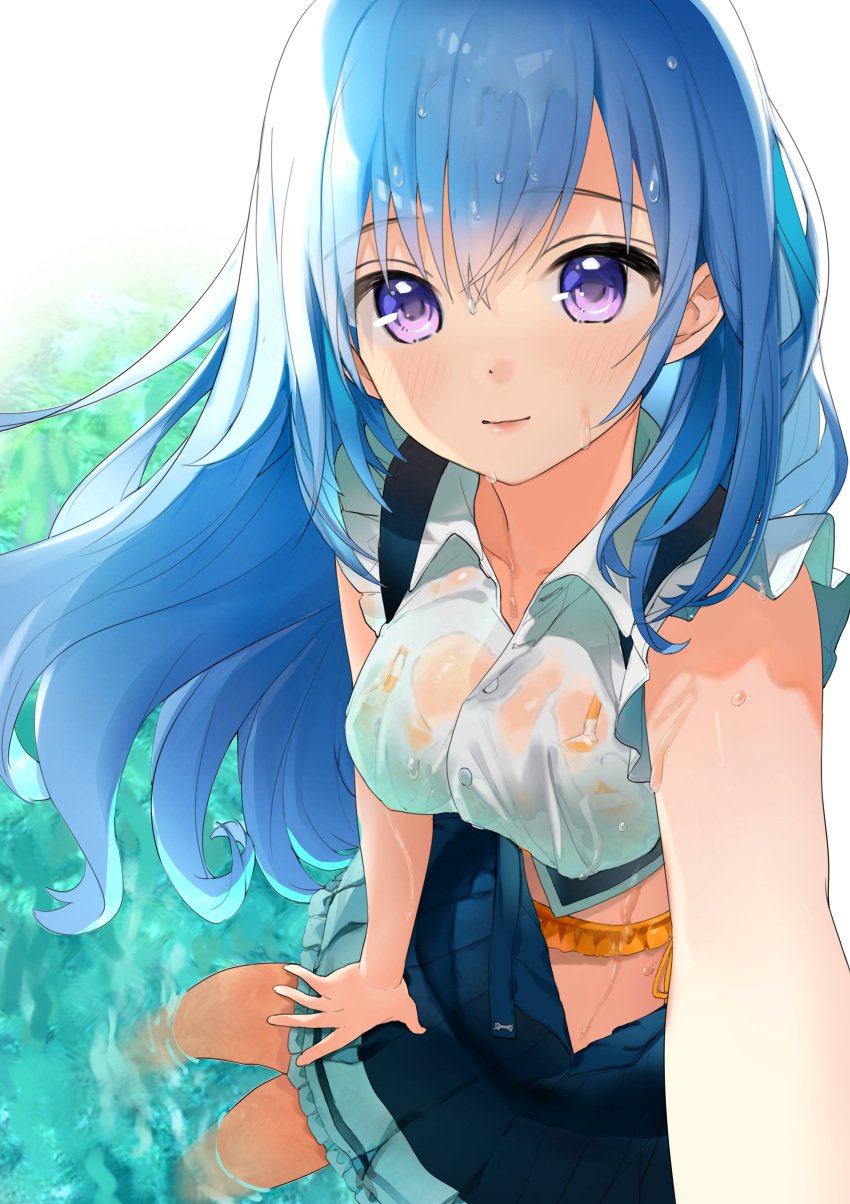 absurdres bad_id bad_pixiv_id bangs bikini bikini_under_clothes black_skirt blue_hair blush breasts collared_shirt commentary_request emori_miku emori_miku_project eyebrows_visible_through_hair female female frilled_bikini frills hair_between_eyes highres large_breasts long_hair looking_at_viewer open_clothes open_skirt pleated_skirt purple_eyes selfie shirt side-tie_bikini skirt sleeveless sleeveless_shirt smile solo suspender_skirt suspenders swimsuit tate_yukimi very_long_hair virtual_youtuber wading wet wet_clothes white_shirt yellow_bikini