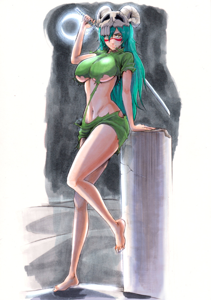 1girls almost_naked arm_support barefoot bleach breasts facepaint feet female female_only fer_yoshimiya full_body green_hair hazel_eyes helmet holding_object holding_weapon katana large_breasts long_hair looking_at_viewer midriff mostly_nude navel nelliel_tu_odelschwanck revealing_clothes skull skull_hair_ornament sole_focus solo sword toes torn_clothes underboob voluptuous weapon