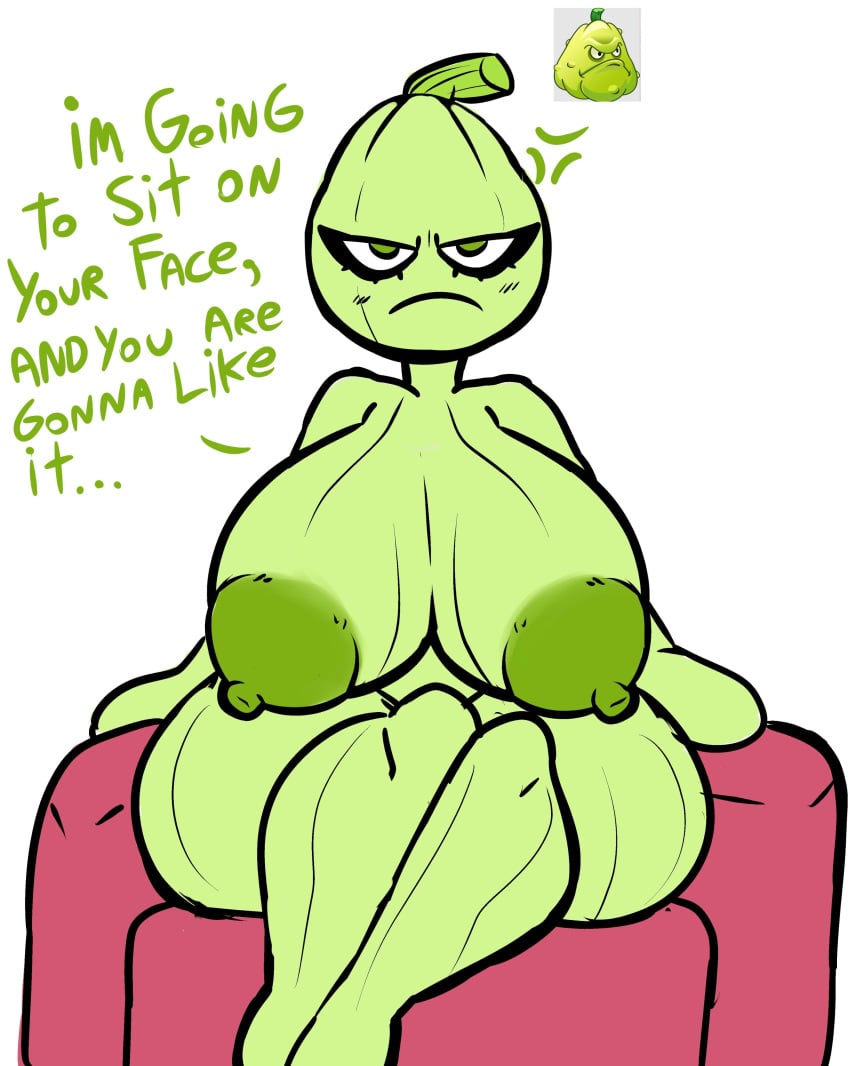 absurd_res angry anthro areola big_areola big_breasts big_nipples blush breasts chair cross-popping_vein cumlord cumlord_(artist) dialogue electronic_arts elemental_creature elemental_humanoid female flora_fauna frown furniture green_body green_eyes hi_res huge_areola huge_breasts huge_nipples humanoid imminent_facesitting just_coffee legs_together nipples nude on_chair plant plant_humanoid plantie plants_vs_zombies popcap_games simple_background sitting sitting_on_chair solo squash_(pvz) squash_me_with_that_ass text thick_thighs video_games white_background wide_hips