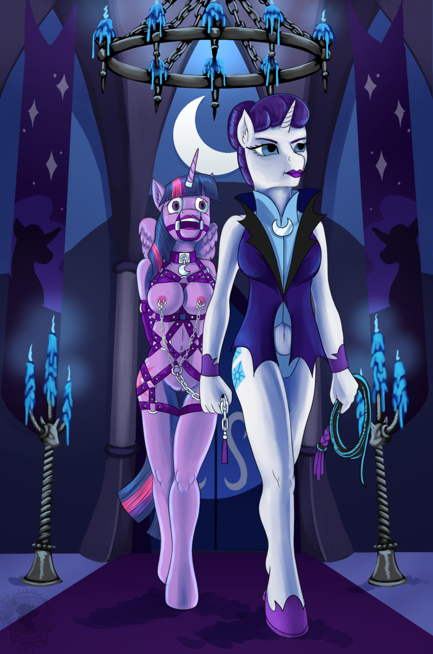 alicorn anthro big_breasts bit_gag breasts bridle candle_holder castle chandelier clothed clothed/nude clothing collar cresent_moon duo equid equine female friendship_is_magic gag genitals harness hi_res horn horn_jewelry horn_ring maid_uniform mammal my_little_pony nipple_chain nipple_clamp_pull nude pussy quakehoof rarity_(mlp) ring_(jewelry) skimpy_dress straight_hair twilight_sparkle_(mlp) unicorn uniform wings