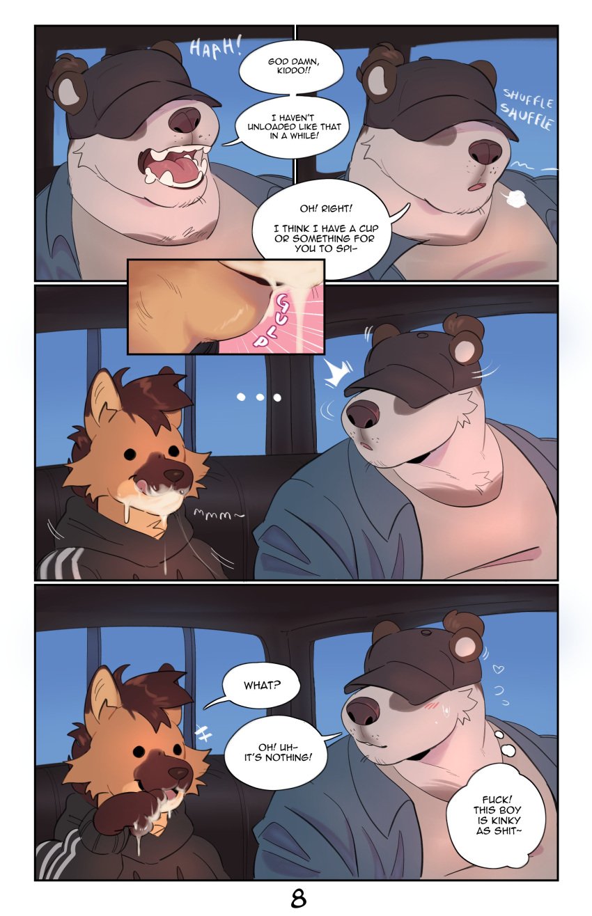 absurd_res anthro badger blush bodily_fluids canid canine clothed clothing comic cum cum_in_mouth cum_inside cum_on_face cum_on_hand deep_throat dialogue driving duo english_text genital_fluids heart hi_res humor male male/male mammal mustelid musteline neck_bulge oral roseonapot smile speech_bubble surprise swallowing text vehicle