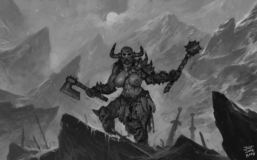 1girls abs armed armor axe barbarian big_breasts black_and_white chaos_(warhammer) detailed_background dismembered_hands dual_wielding exposed_breasts fantasy female female_focus female_only grayscale greyscale hand helmet huge_breasts justsomenoob kislev knee_pads long_hair mace masked masked_female monochrome mountain mountains nightmare_fuel nightmare_waifu nipple_piercing norse norse_pagan outdoor outdoors outside pierced_nipples serial_killer shoulder_pads slaves_to_darkness snow solo_female solo_focus tabletop_game toned_body toned_female toned_stomach topless topless_female viking_helmet warhammer_(franchise) warhammer_fantasy