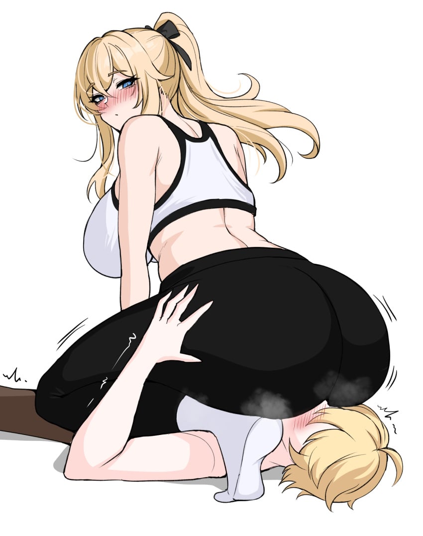 1boy 1girls aether_(genshin_impact) alternate_costume ass big_ass big_breasts big_butt blonde_hair blue_eyes blush blush_lines blushing bubble_ass bubble_butt butt clothed_facesitting dat_ass drogod_(artist) facesitting fat_ass female genshin_impact jean_gunnhildr large_ass large_breasts looking_back male ponytail sitting_on_face sitting_on_person socks sports_bra sportswear thick thick_ass voluptuous white_background yoga_pants