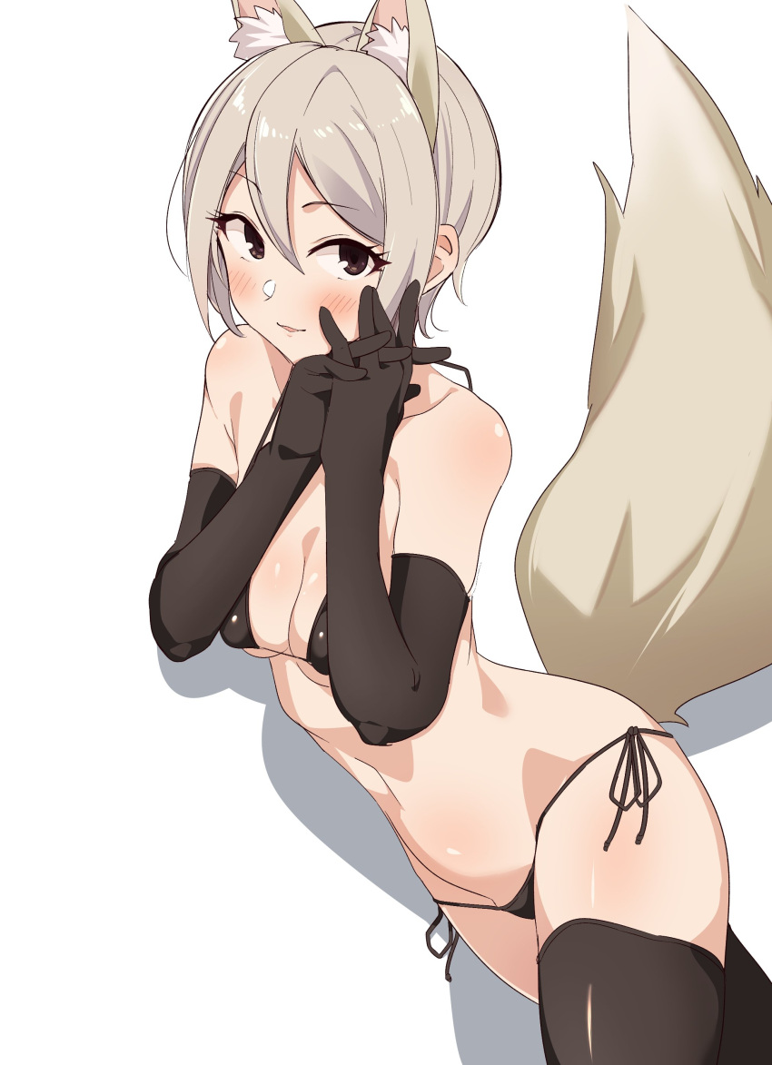 absurdres animal_ears bangs bare_shoulders bikini black_bikini black_gloves black_legwear blush breasts brown_eyes cowboy_shot elbow_gloves eyebrows_visible_through_hair female female fox_ears fox_girl fox_tail gloves grey_hair hair_between_eyes highres idolmaster idolmaster_cinderella_girls interlocked_fingers lying medium_breasts micro_bikini on_side parted_lips seihekiog shadow shiomi_syuko short_hair side-tie_bikini sidelocks simple_background smile solo string_bikini swimsuit tail thighhighs thighs white_background