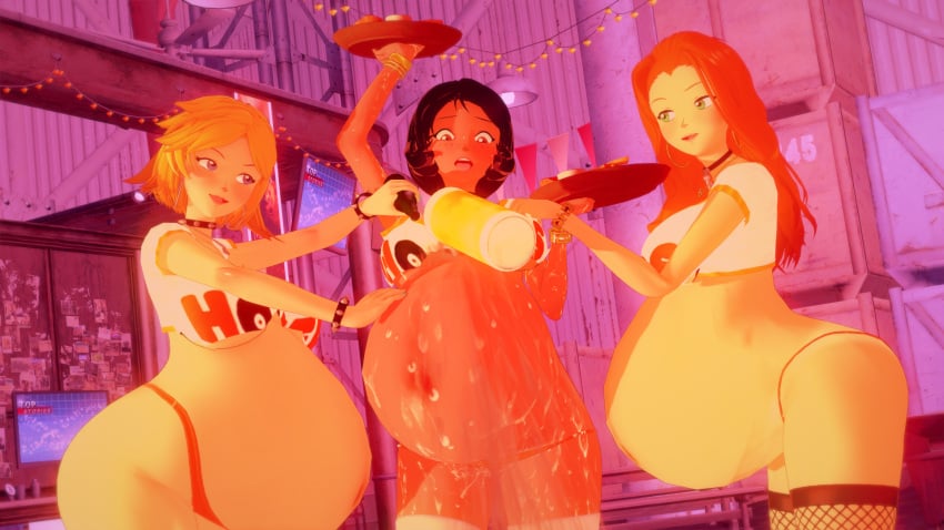 3d 3girls alex_(totally_spies) belly big_belly big_breasts black_hair blonde_hair blue_eyes breasts busty_(artist) clover_(totally_spies) dark_skin female green_eyes hazel_eyes hooters hooters_uniform human latina multiple_girls multiple_pregnancies orange_hair pale_skin pregnant redhead sam_(totally_spies) totally_spies trio yellow_eyes