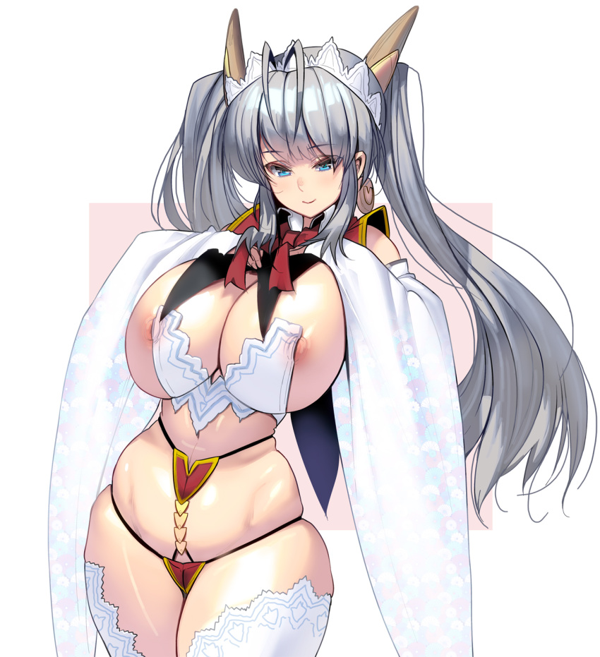 1girls antenna_hair bangs blue_eyes breasts detached_collar eyebrows_visible_through_hair female grey_hair hands_on_own_chest headdress highres huge_breasts long_hair looking_at_viewer masao nipples original photoshop_(medium) revealing_clothes smile solo thighhighs twintails two-tone_background very_long_hair white_background white_legwear wide_sleeves