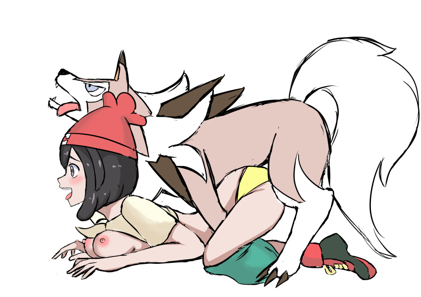 1boy 1girls areolae breasts_out canid canine doggy_style erect_nipples female female_human feral game_freak hetero human knotting lycanroc male male/female male_canine midday_lycanroc nipples nivi open_mouth panties panty pokémon_(species) pokemon pokemon_(species) pokemon_sm pokephilia selene_(pokemon) straight tongue_out topless vaginal_knotting vaginal_penetration yellow_panties zoophilia