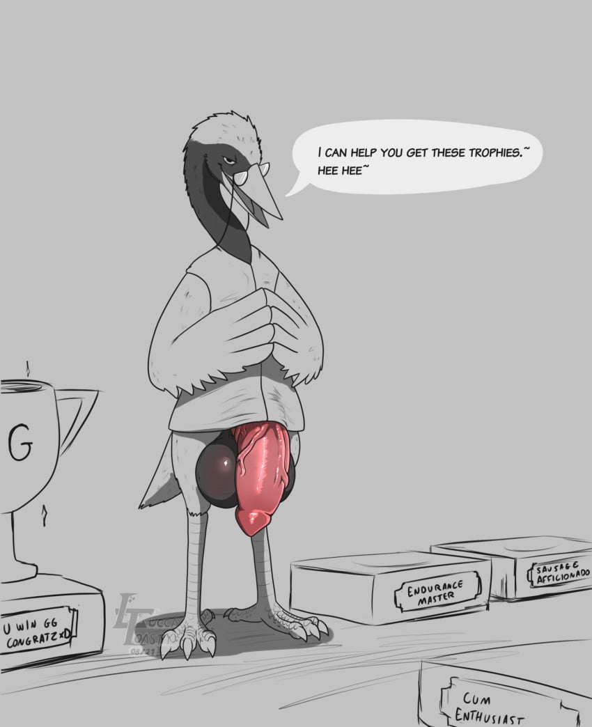 2021 4_toes anthro avian award balls beak big_balls big_penis bird bottomless clothed clothing crane_(bird) dialogue doodle_champion_island_games eyewear feathers feet fur genitals glasses grin gruiform hi_res huge_balls huge_cock looking_at_viewer luccatoasty male male_only monochrome penis shaded shirt signature simple_background smile solo standing suggestive_dialogue toes topwear trophy vein veiny_penis