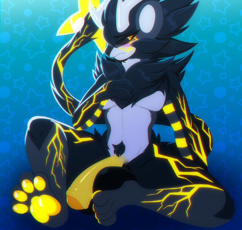 1boy anthro balls big_balls big_penis blush digital_media_(artwork) felid fur gaiki genitals hair hi_res humanoid_genitalia humanoid_penis looking_away luxray male male_only mammal nintendo nude pawpads paws penis pokémon_(species) pokemon pokemon_(species) simple_background solo thick_thighs video_games