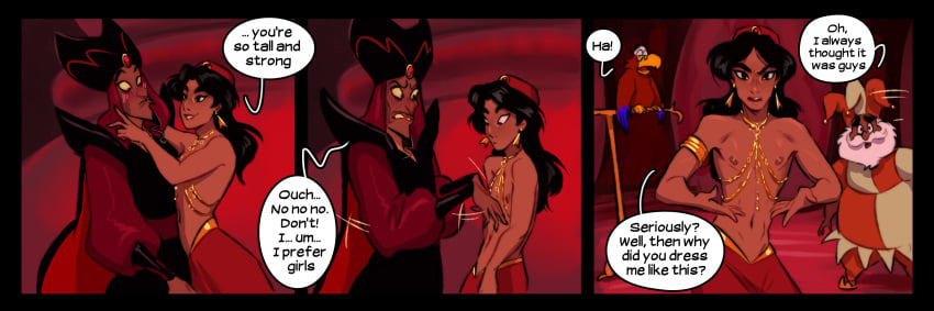 3_panel_comic 3boys aladdin angry armlet armwear background beard bird black_border black_hair blush border clothed clothed_male clothing comic dark-skinned_femboy dark-skinned_male dark_skin dialogue disney disney_princess disney_villains domination earrings embarrassed english_text evil_queen_jasmine facial_hair fairybend femboy flirting front_view gay gem genderswap_(ftm) girly gold_(metal) happy headgear homosexual human iago jafar jafar_harem_outfit jester jester_cap jester_outfit jewelry laugh long_hair long_sleeves looking_down male male/male male_only maledom malesub motion_lines neckwear overweight overweight_male partially_clothed piercing ponytail princess_jasmine question red_background rejection ripushko robe rule_63 sad seductive side_view sigma_grindset smile speech_bubble standing submissive sultan_(aladdin) teeth text topless topless_male wide_sleeves yaoi