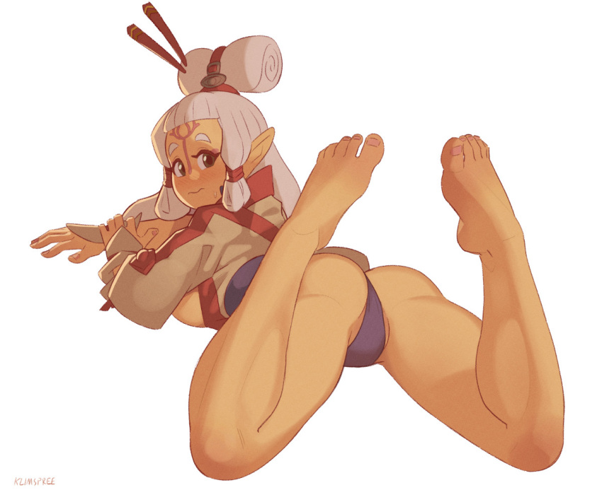 1girls ass ass_focus barefoot behind_view blush boob_window bottomless butt_crack calf_muscles embarrassed feet feet_up green_eyes klimspree legs_up long_hair looking_at_viewer looking_back lying lying_on_stomach medium_breasts panties paya_(the_legend_of_zelda) pointy_ears presenting_feet shy solo string_panties tears_of_the_kingdom the_legend_of_zelda thick_thighs tied_hair toenails toes white_hair