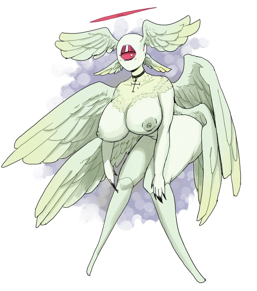 1_eye absurd_res angel anthro biblically_accurate_angel big_breasts blush breasts claws clothed clothing cross edit female fur halo hi_res horniel_(thouartphi) multi_wing nipples nude partially_clothed plastikcherub red_eyes simple_background solo white_body white_fur wings