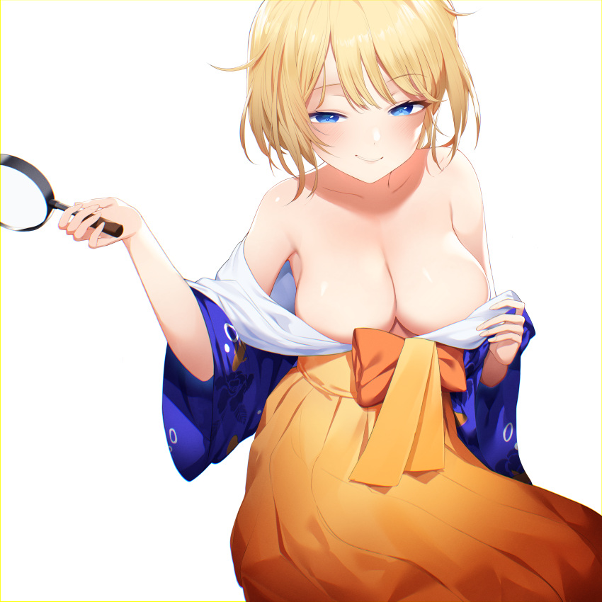 absurdres bangs bingsardina blonde_hair blue_eyes blue_kimono blush breasts cleavage commentary english_commentary eyebrows_visible_through_hair female hakama hakama_skirt highres holding holding_magnifying_glass hololive hololive_english hololive_myth japanese_clothes kimono large_breasts looking_at_viewer magnifying_glass orange_hakama parted_lips short_hair simple_background skirt smile solo virtual_youtuber watson_amelia white_background wide_sleeves