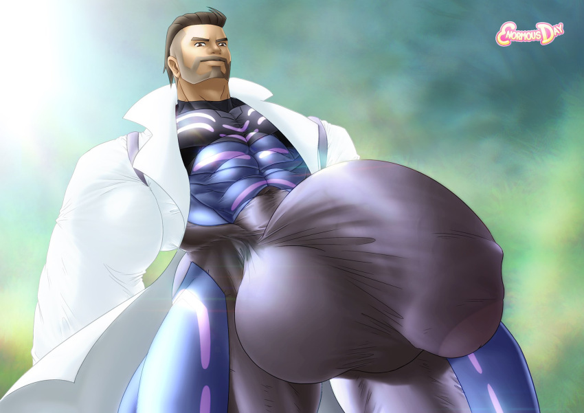 balls bara beard big_balls big_bulge big_penis bodysuit bulge enormous_day facial_hair game_freak gay hyper_penis labcoat looking_down male male_only muscles muscular nintendo npc_trainer penis pokemon pokemon_sv professor_turo solo solo_male worm's-eye_view