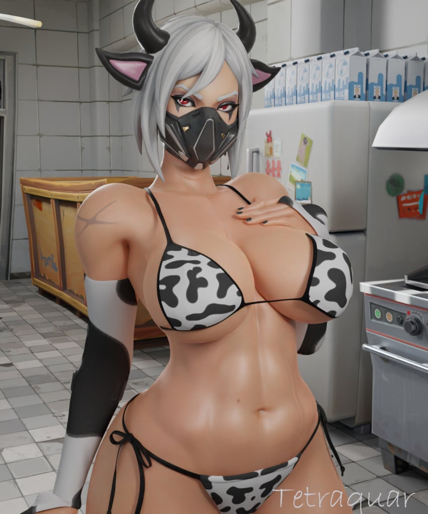 1girls 3d big_breasts blender breasts cow_bikini female_only fortnite fortnite:_battle_royale grabbing_own_breast hush_(fortnite) kitchen looking_at_viewer masked masked_female red_eyes tetraquar thick_female thick_thighs white_hair