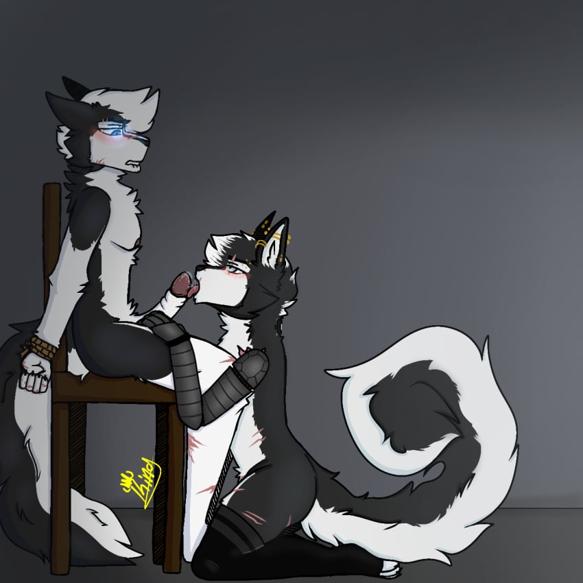 anthro blush bodily_fluids bound canid canine canis chair domestic_dog duo ear_piercing fellatio female fluffy fluffy_tail frostbite_(king_caboose23) furniture genital_fluids genitals h4_(king_caboose23) hands_tied hi_res husky king_caboose23 licking male male/female mammal nordic_sled_dog open_mouth oral penile penis penis_lick piercing precum prosthetic prosthetic_arm prosthetic_limb robotic_arm scar sex spitz thick_thighs tongue tongue_out