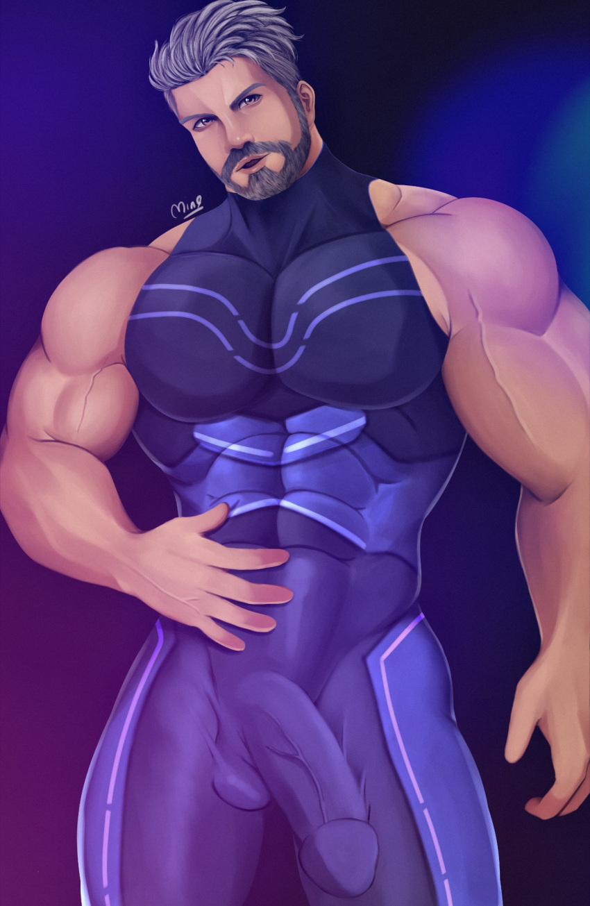 balls bara beard bodysuit boner erection erection_under_clothes facial_hair game_freak gay male male_only min9_(mingmin93) muscles muscular nintendo npc_trainer penis penis_outline penis_under_clothes pokemon pokemon_sv professor_turo solo solo_male